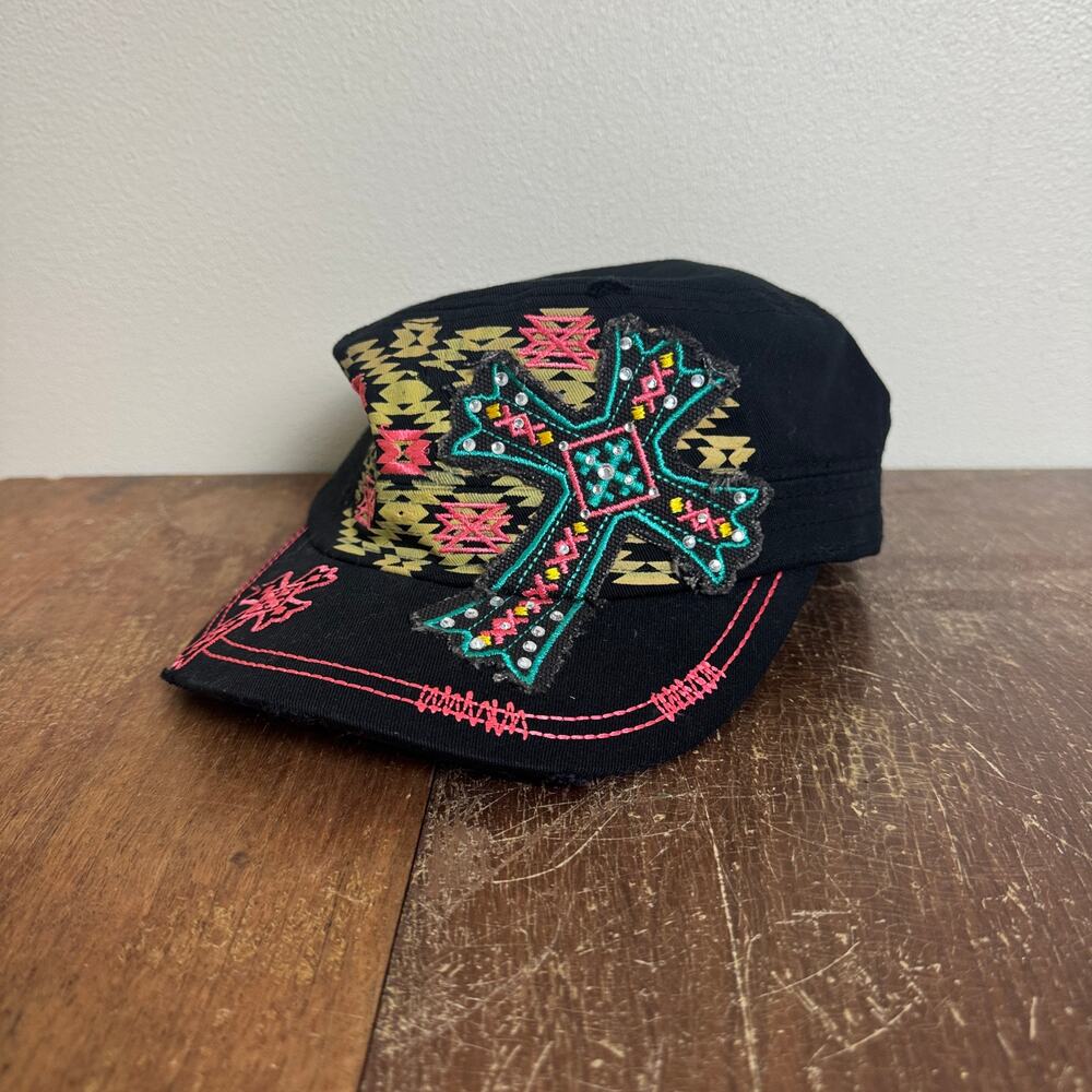 Leader LOGA Black Embroidered Bedazzled‎ Cross adjustable back ladies hat cap